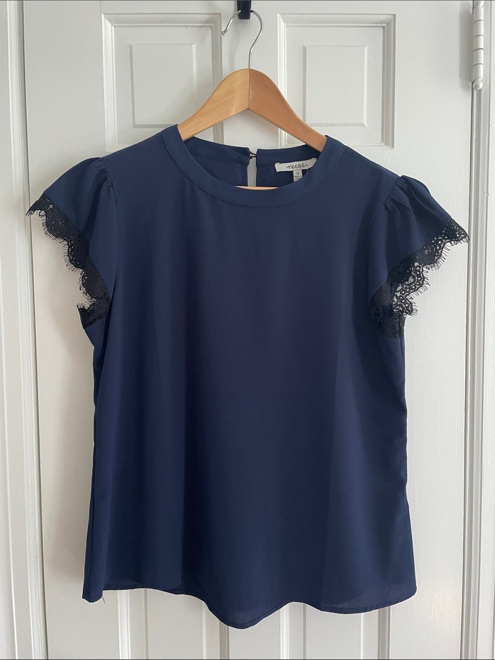Women's Navy with Black Lace-Trim Flutter Sleeve Blouse
